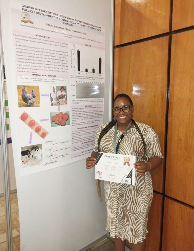 Ms. V.R. Hlokoe (Ph.D student) received 2nd Best Poster Presenter Award at the 40th Scientific Symposium of the World's Poultry Science Association, Pretoria, 2024.